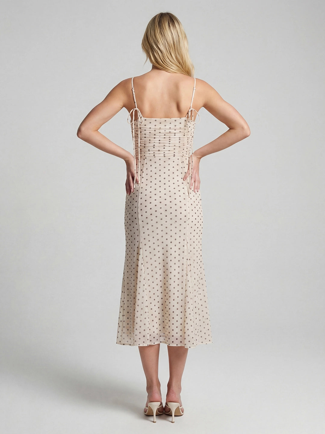 Polka Dot Mesh Ruched Bustier Midi Dress