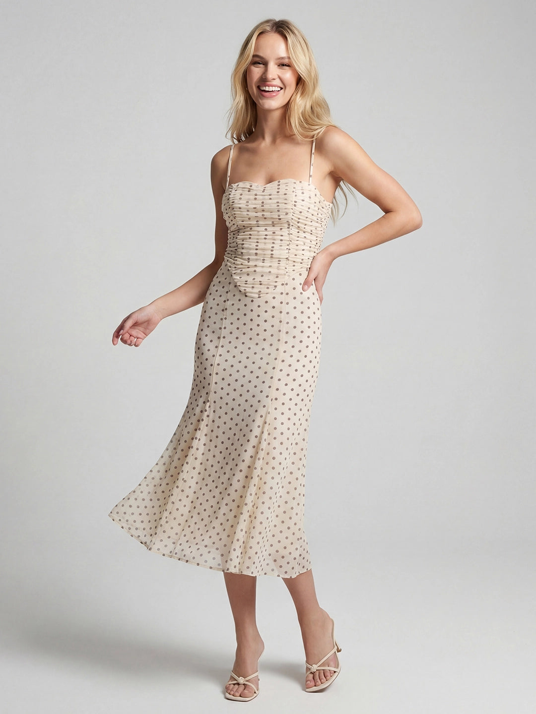 Polka Dot Mesh Ruched Bustier Midi Dress
