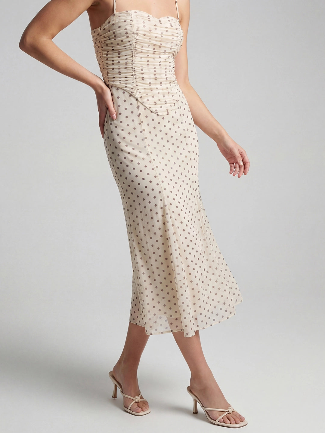 Polka Dot Mesh Ruched Bustier Midi Dress
