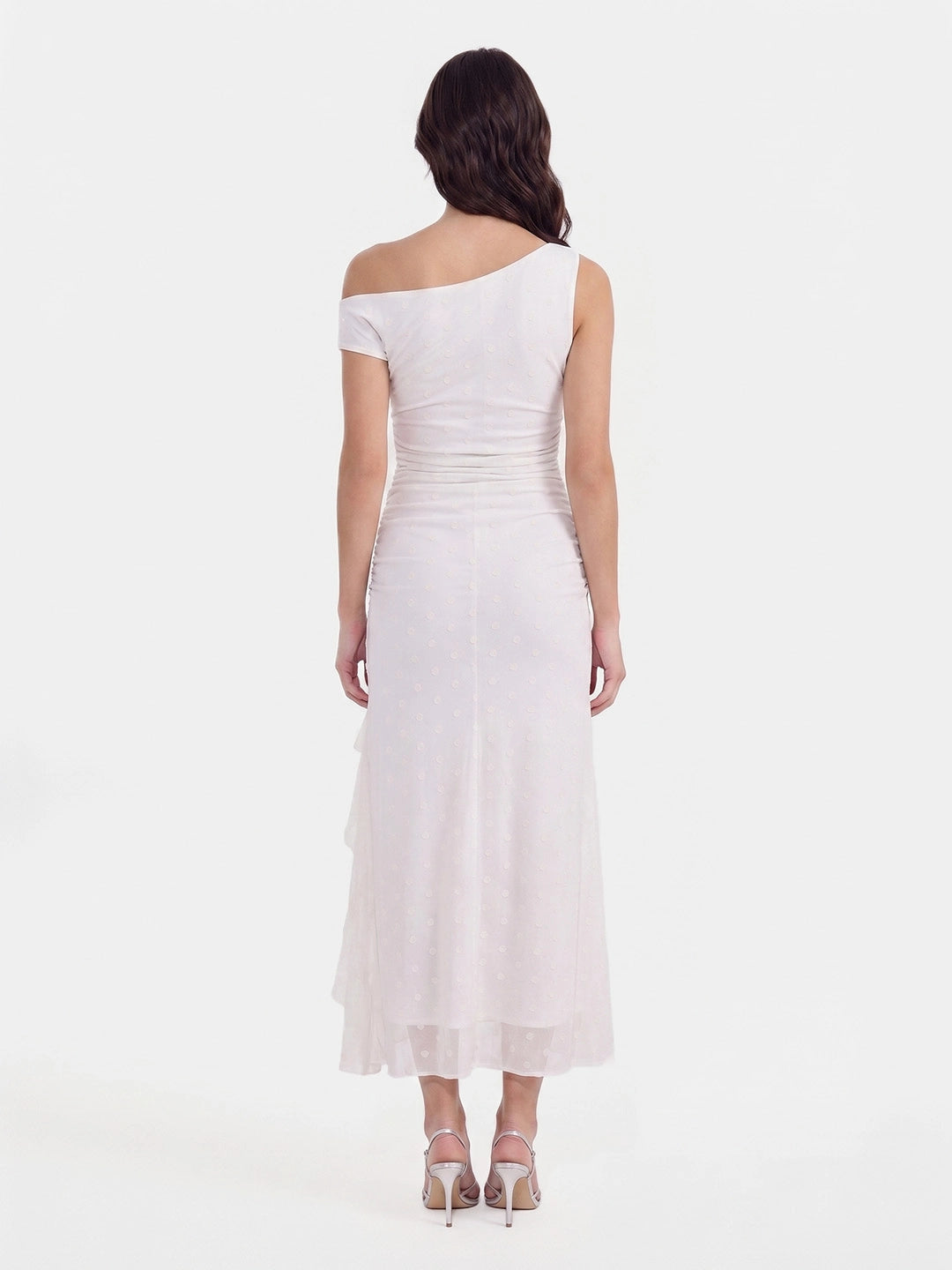 Polka Dot Mesh Ruffle Slit Midi Dress