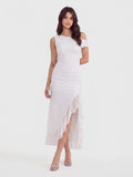 Polka Dot Mesh Ruffle Slit Midi Dress