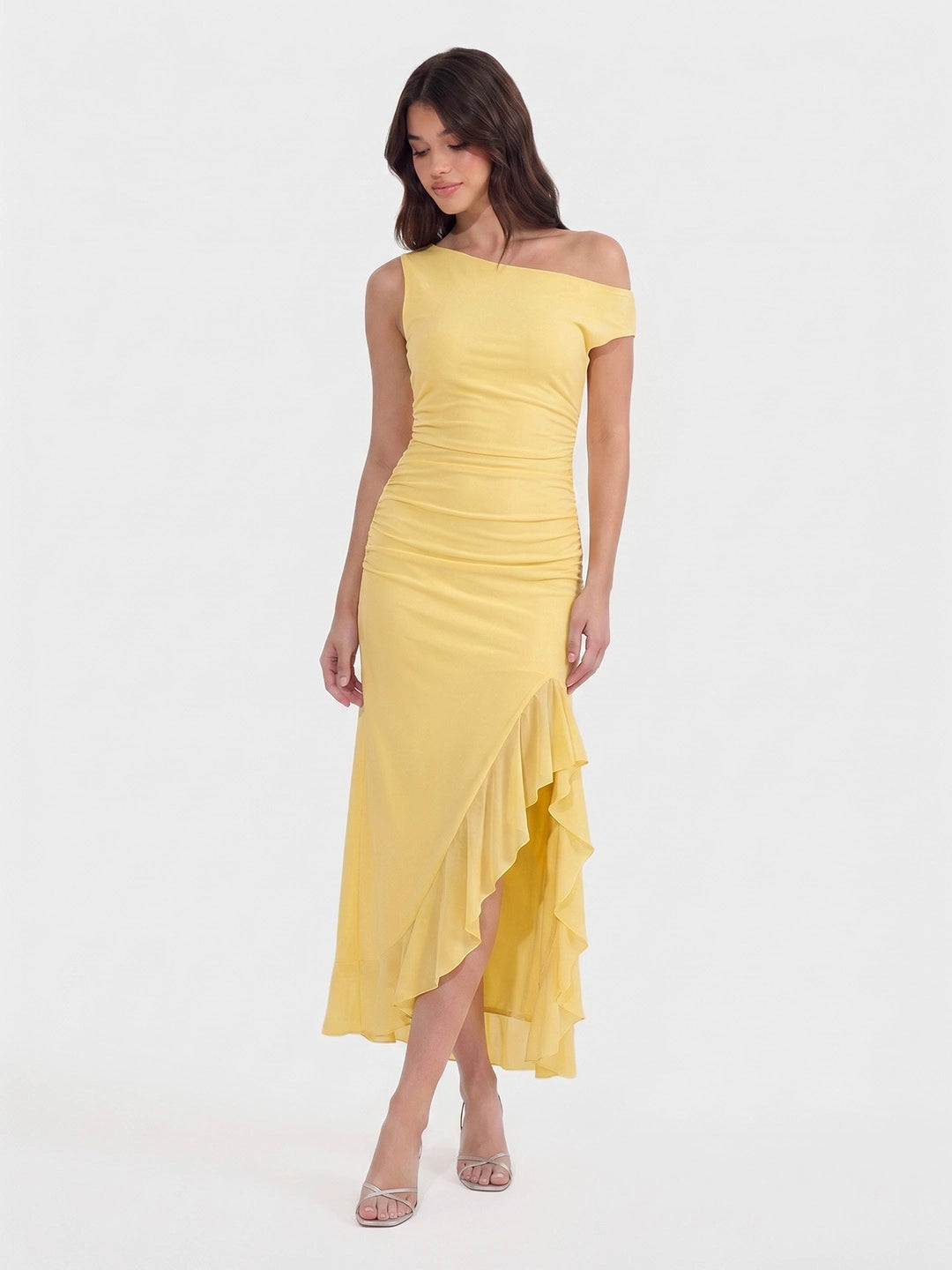 Polka Dot Mesh Ruffle Slit Midi Dress