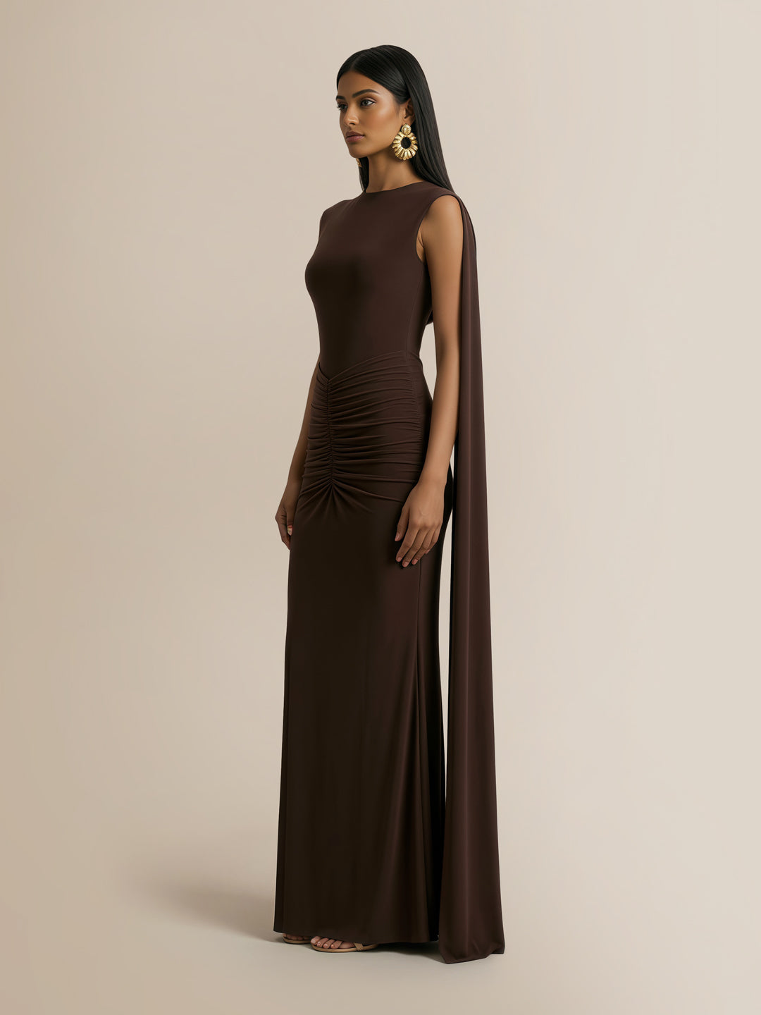 Premiere Boat-Neck With Open-Back And Cape-Sleeves Maxi Dress