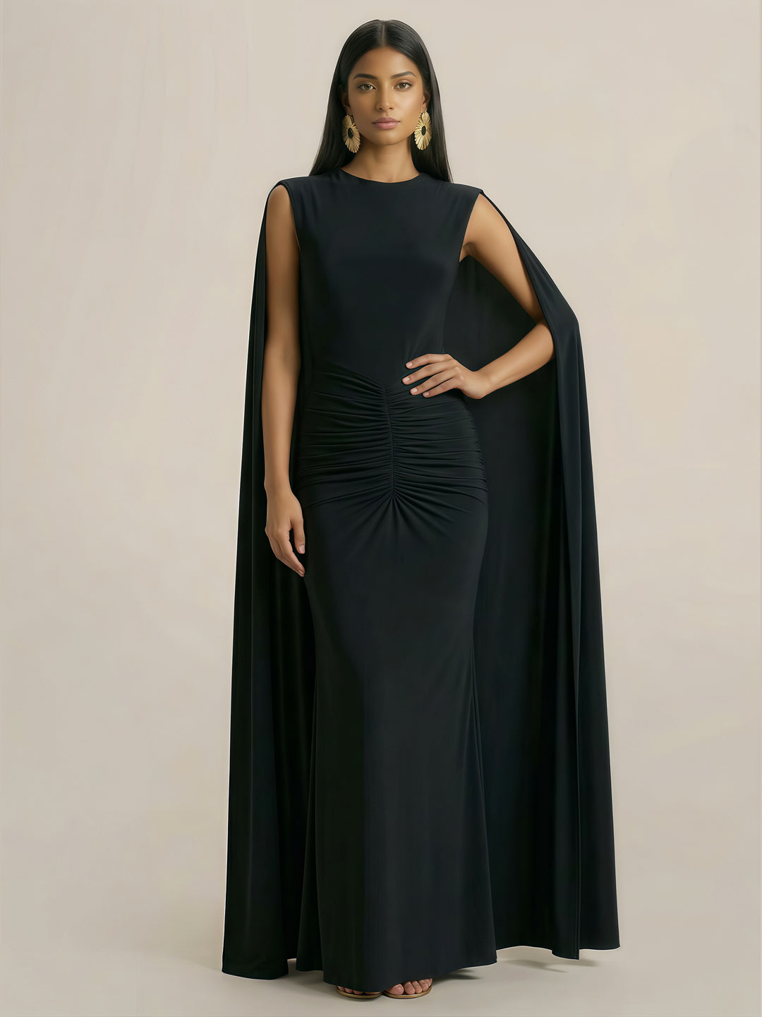 Premiere Boat-Neck With Open-Back And Cape-Sleeves Maxi Dress