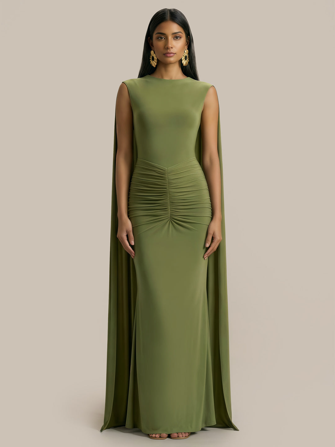Premiere Boat-Neck With Open-Back And Cape-Sleeves Maxi Dress
