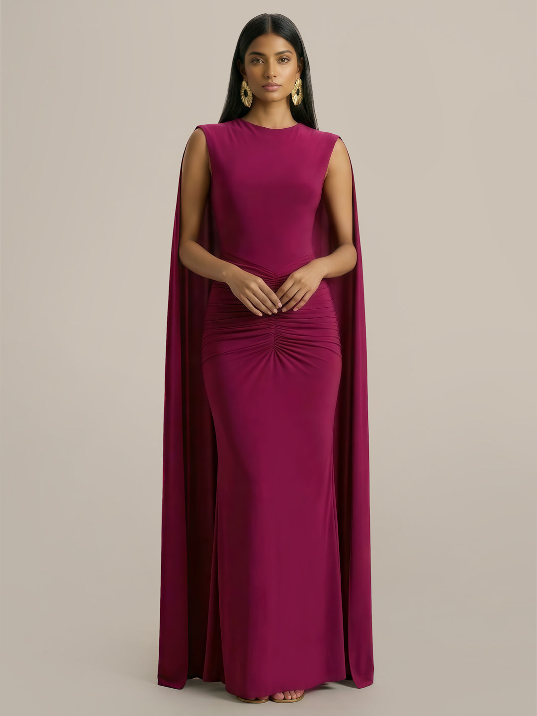 Premiere Boat-Neck With Open-Back And Cape-Sleeves Maxi Dress