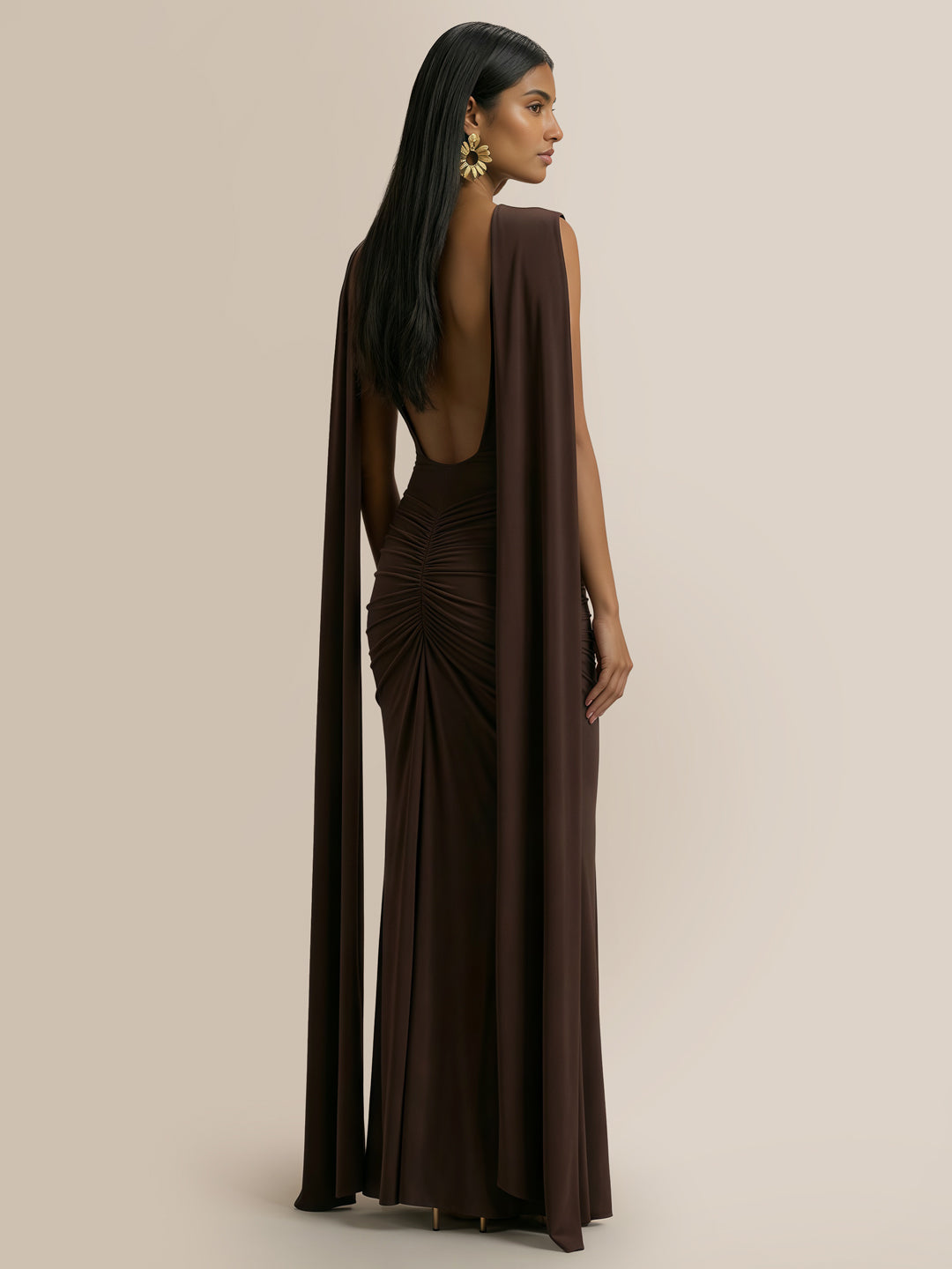Premiere Boat-Neck With Open-Back And Cape-Sleeves Maxi Dress