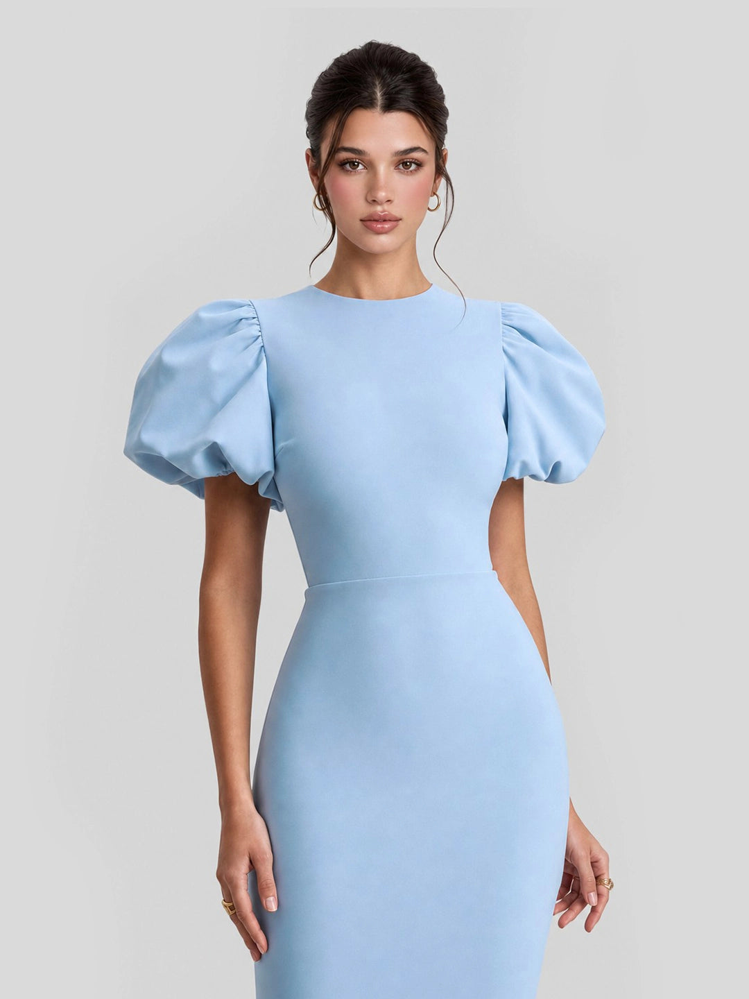 Puff Sleeve Scuba Crepe Midi Dress