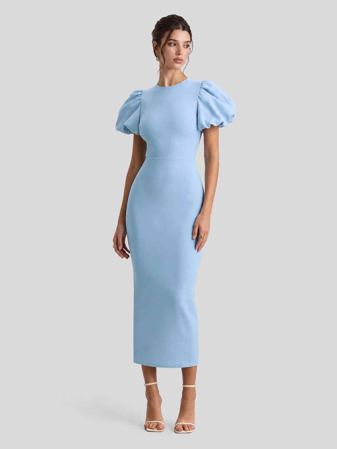 Puff Sleeve Scuba Crepe Midi Dress