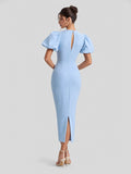 Puff Sleeve Scuba Crepe Midi Dress
