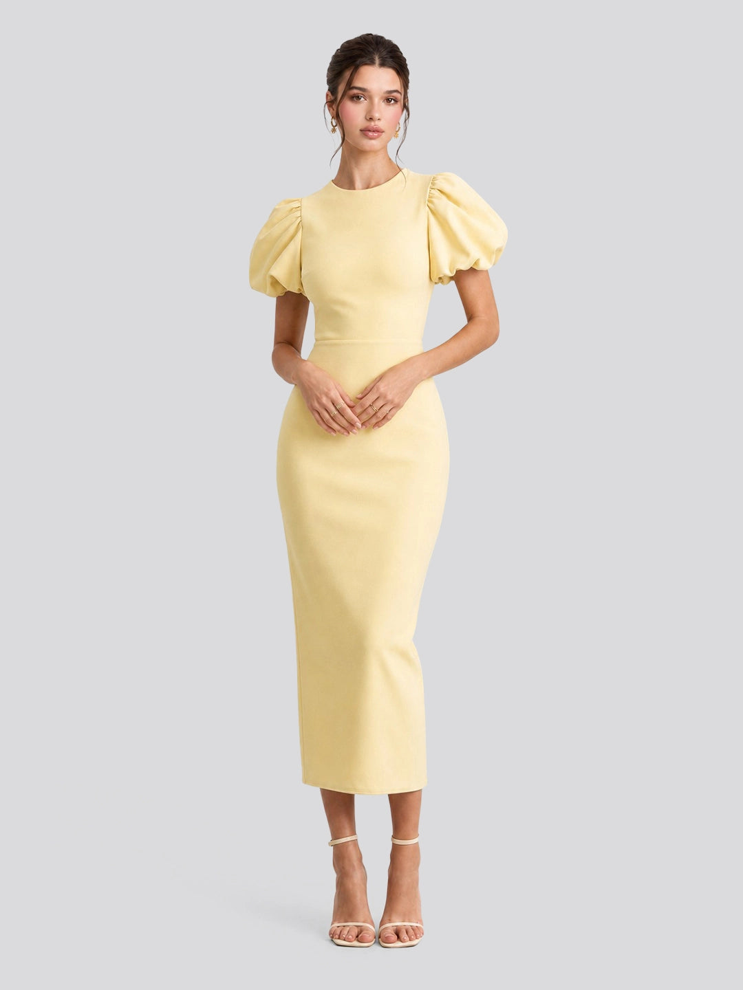 Puff Sleeve Scuba Crepe Midi Dress