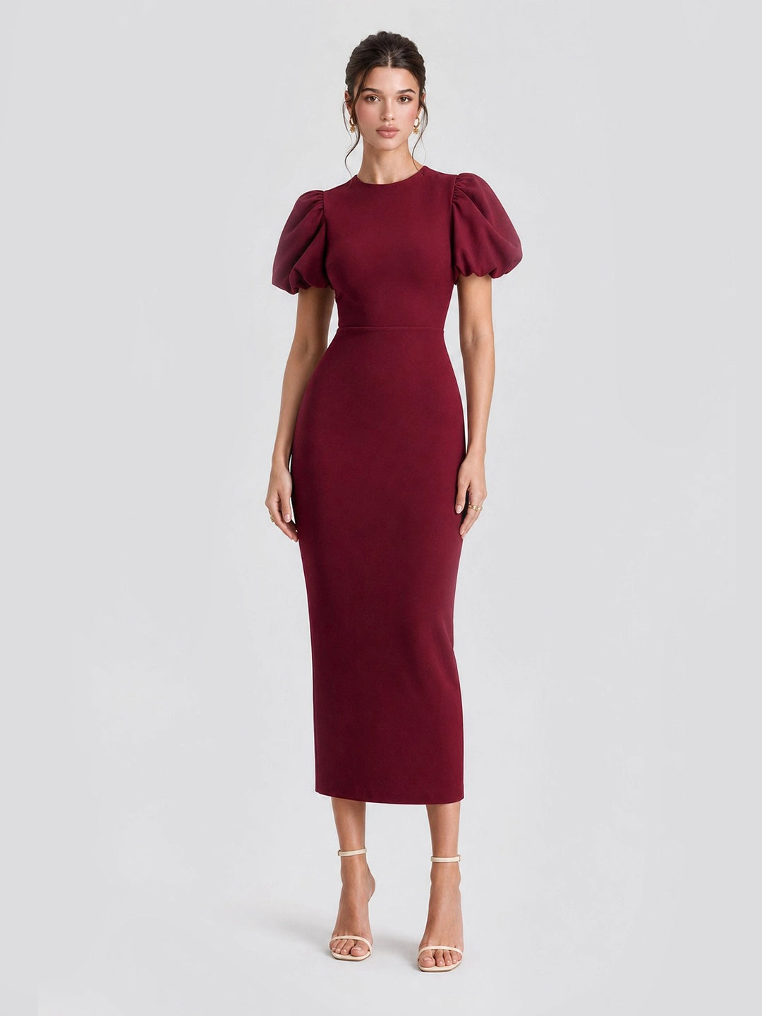 Puff Sleeve Scuba Crepe Midi Dress
