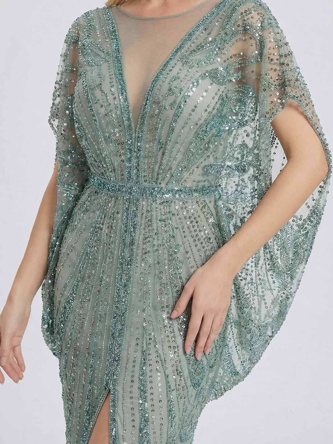 Retro Batwing Sleeve Sequin Evening Gown