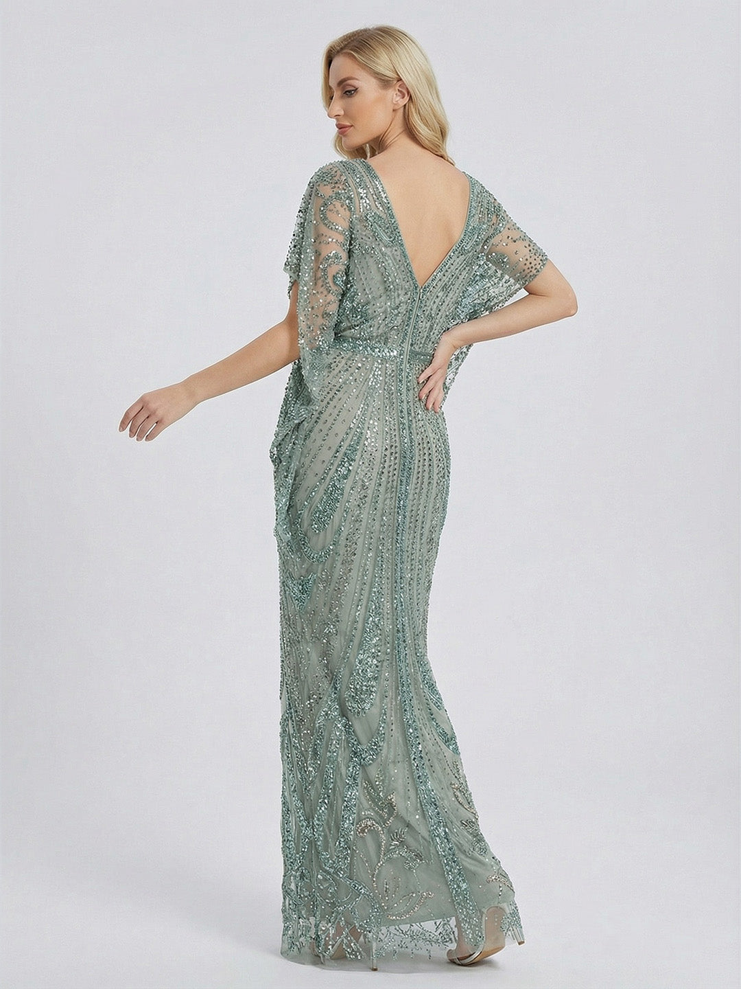Retro Batwing Sleeve Sequin Evening Gown