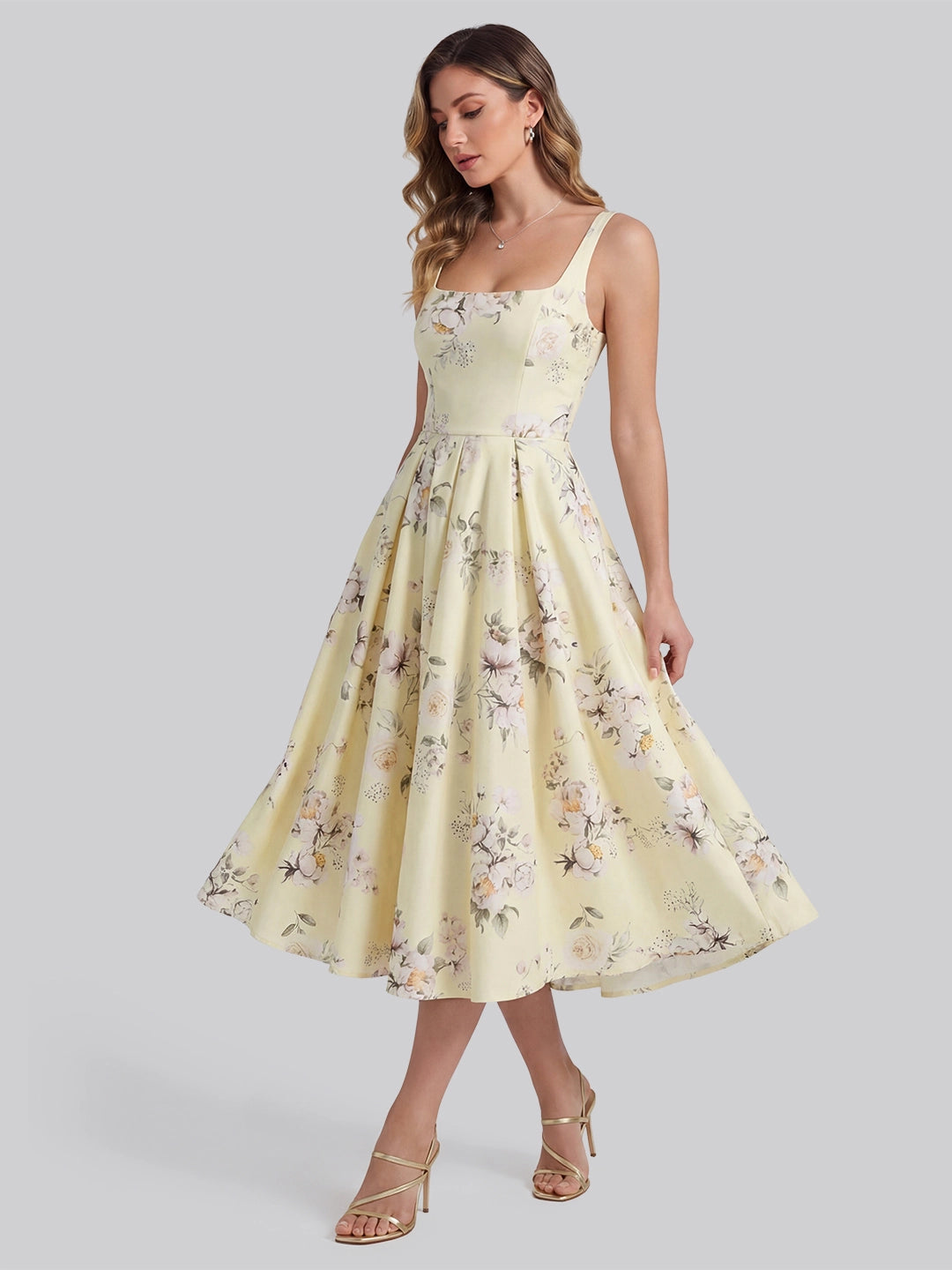 Retro Floral Bouquet Print Square Neck Midi Dress