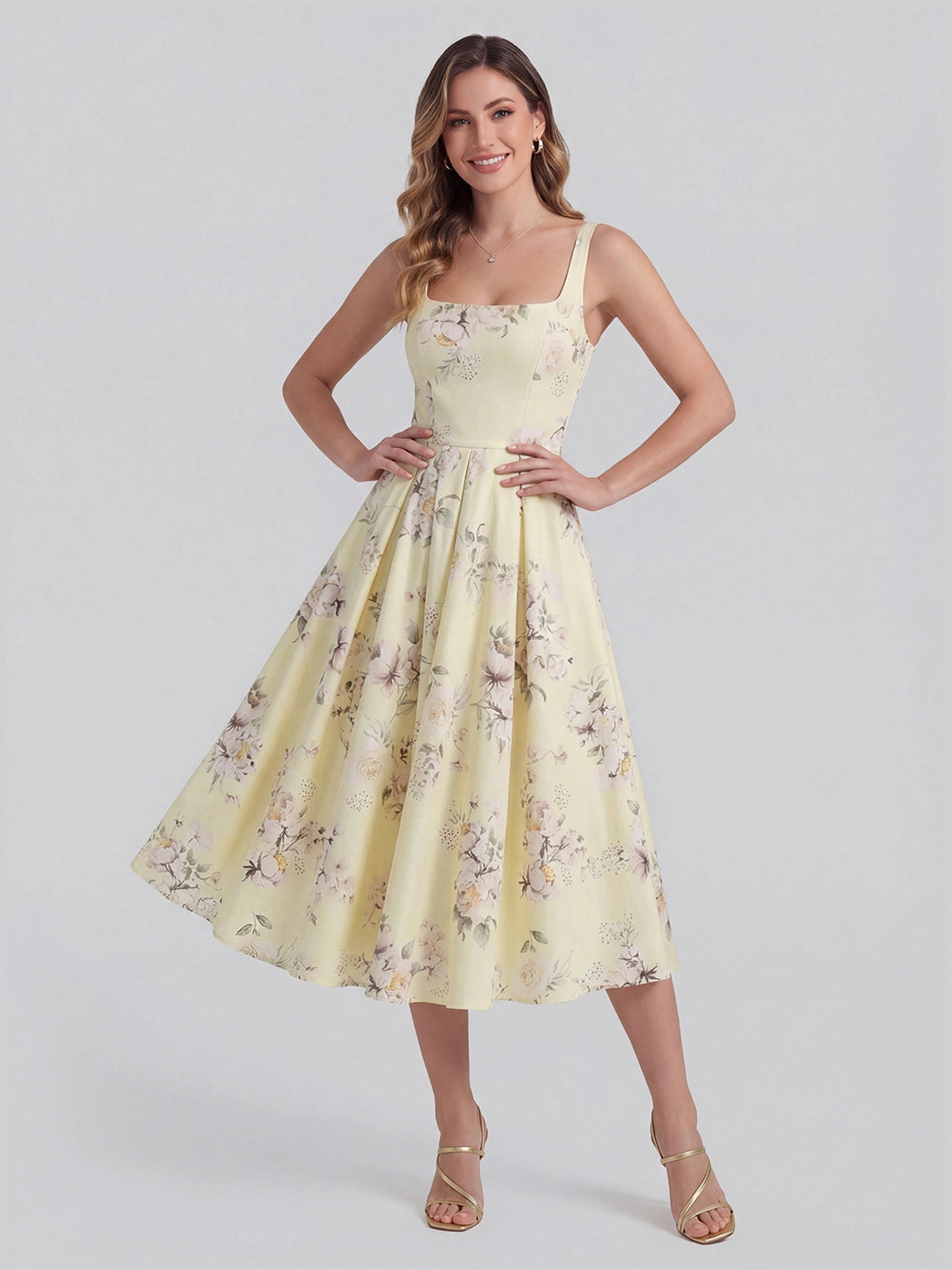 Retro Floral Bouquet Print Square Neck Midi Dress