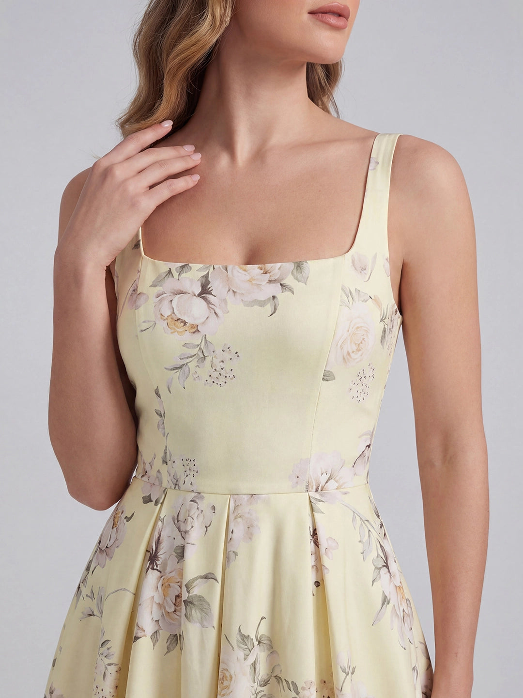Retro Floral Bouquet Print Square Neck Midi Dress