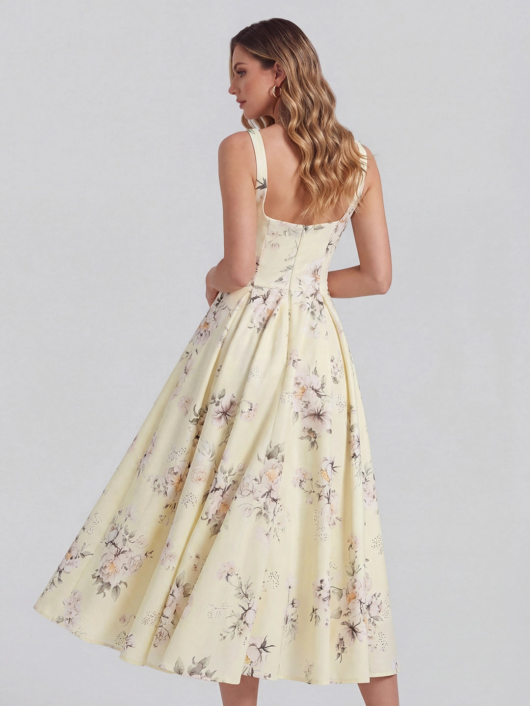 Retro Floral Bouquet Print Square Neck Midi Dress