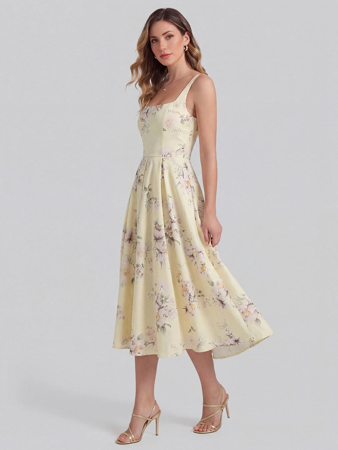 Retro Floral Bouquet Print Square Neck Midi Dress
