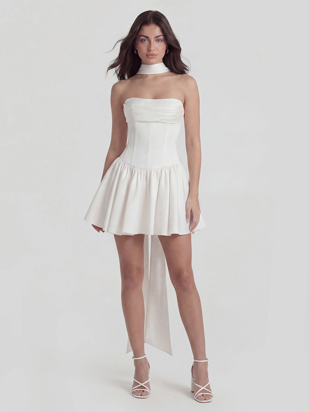 Ribbon Strapless Corset Mini Dress with Scarf Detail