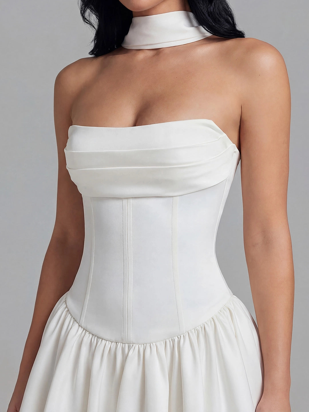 Ribbon Strapless Corset Mini Dress with Scarf Detail
