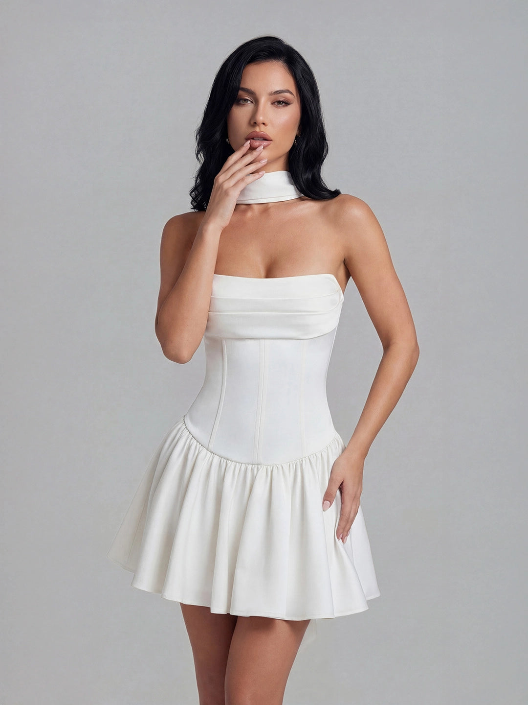 Ribbon Strapless Corset Mini Dress with Scarf Detail