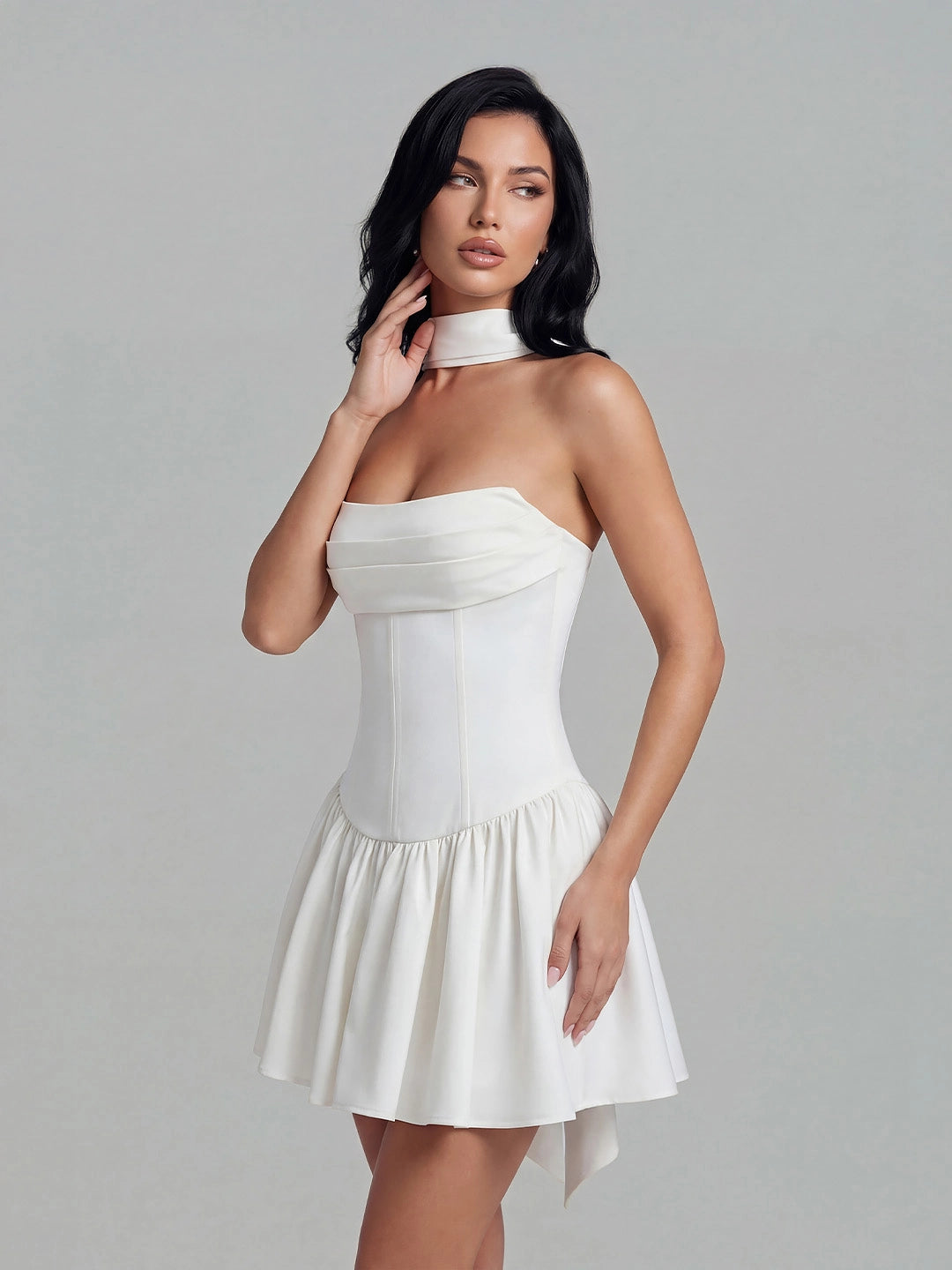 Ribbon Strapless Corset Mini Dress with Scarf Detail