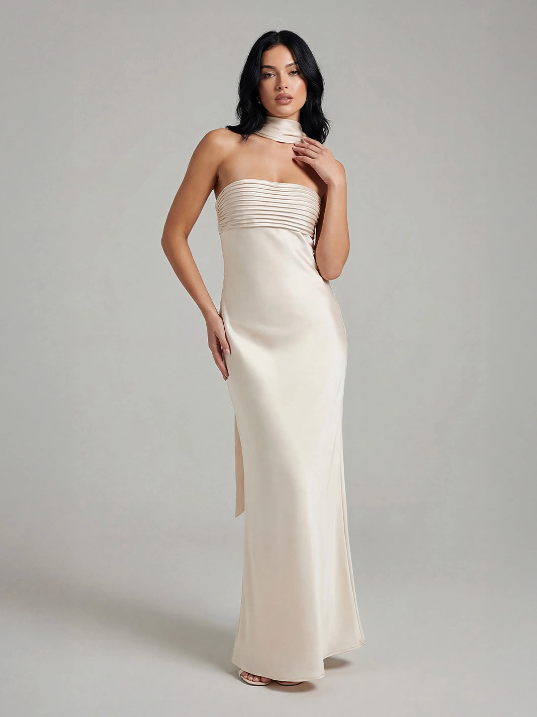 Ribbon Strapless Satin Maxi Dress with Cowl Tie