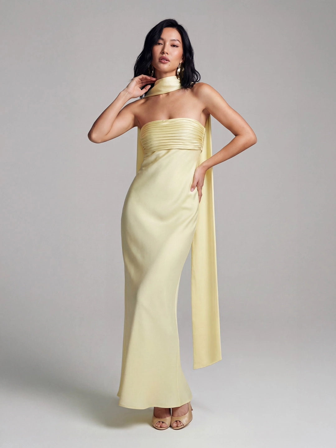 Ribbon Strapless Satin Maxi Dress with Cowl Tie