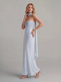 Ribbon Strapless Satin Maxi Dress with Cowl Tie