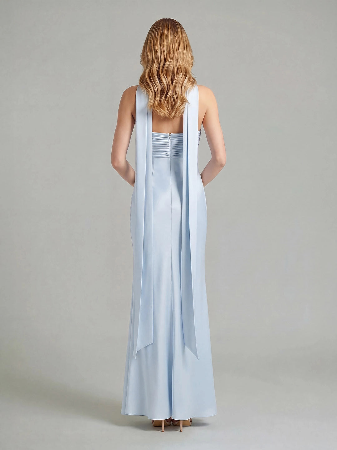Ribbon Strapless Satin Maxi Dress with Cowl Tie
