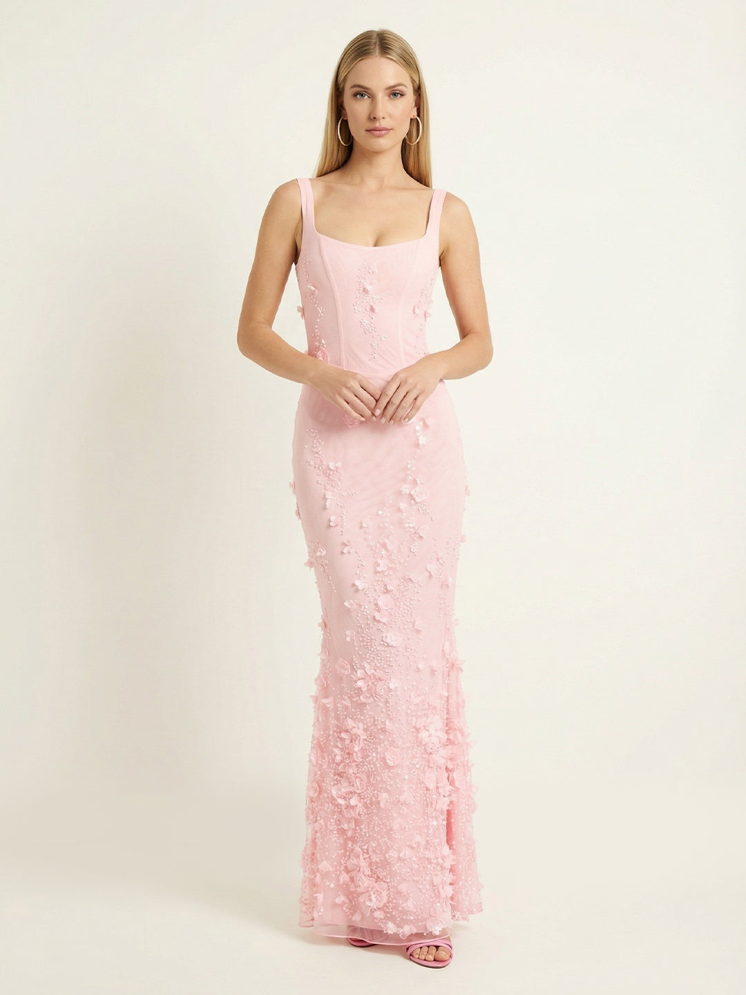 Romantic All-Over Floral Sequin Fishtail Mesh Gown