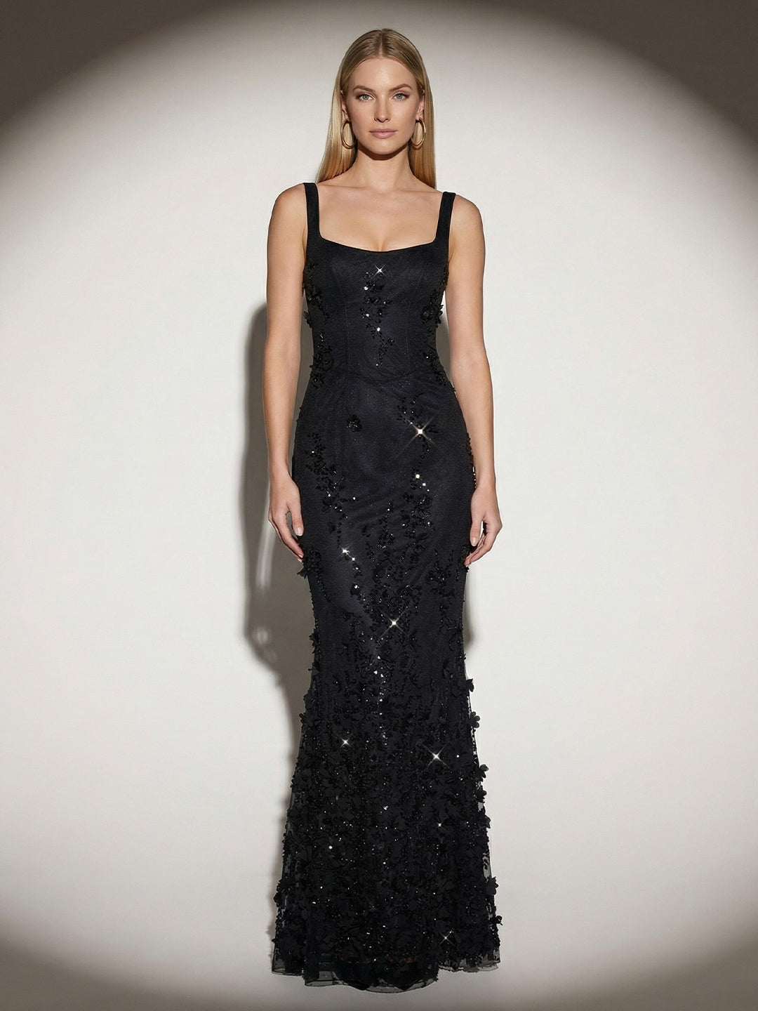 Romantic All-Over Floral Sequin Fishtail Mesh Gown