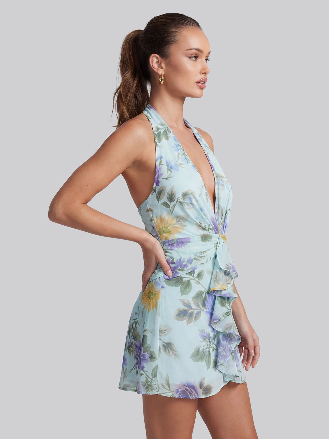 Romantic Backless Floral Printed Halter Mini Dress