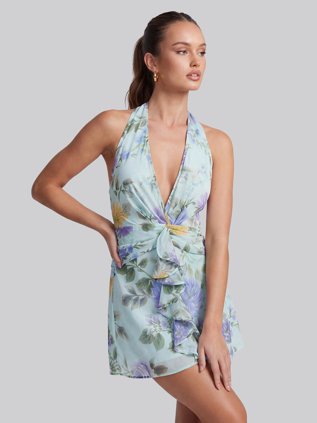 Romantic Backless Floral Printed Halter Mini Dress