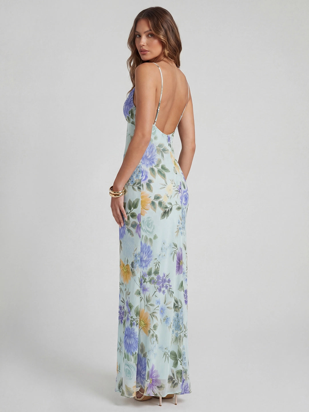 Romantic Cowl Neck Floral Chiffon Maxi Dress
