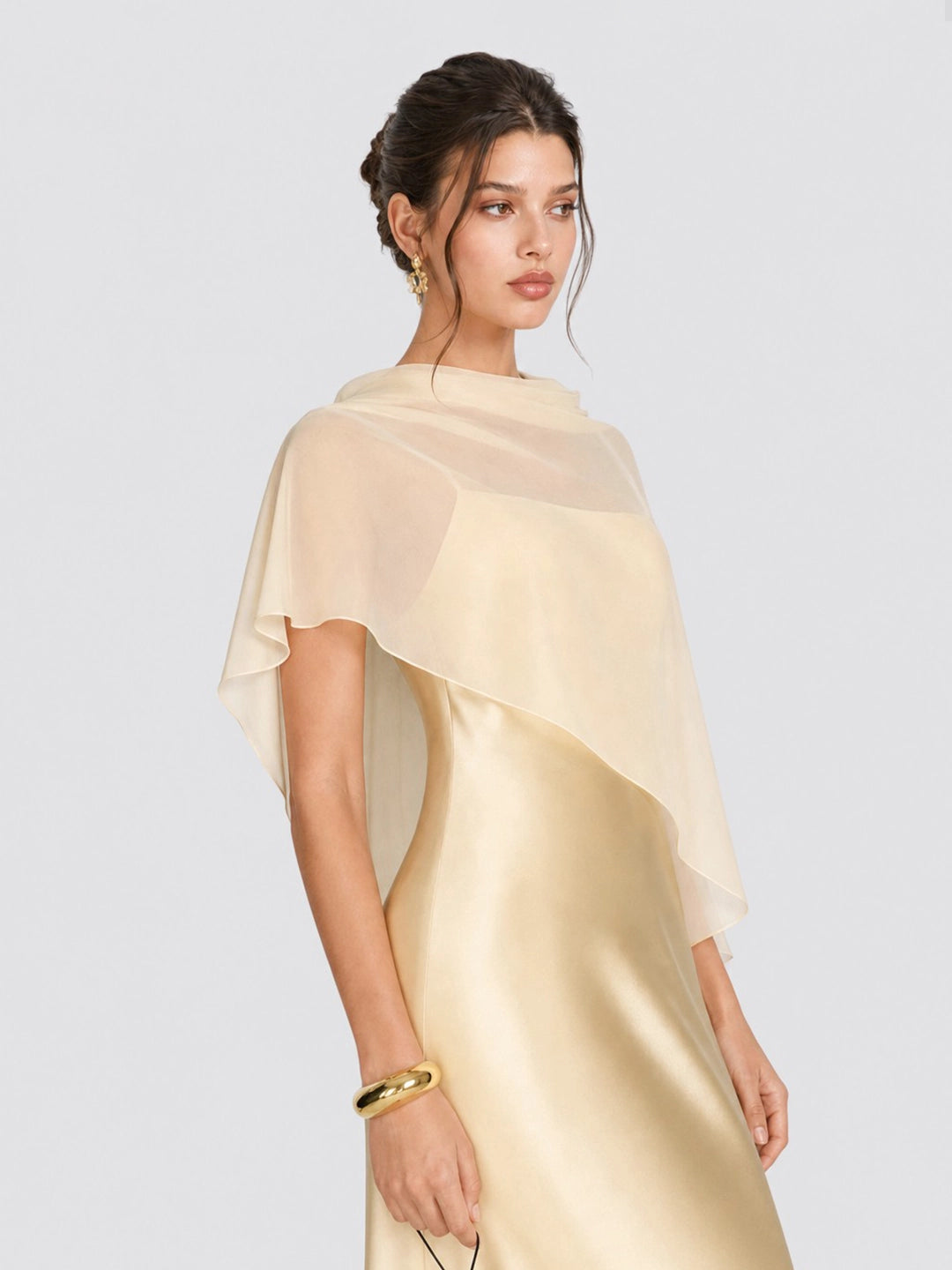 Romantic Drape Asymmetric Cape Satin Maxi Dress