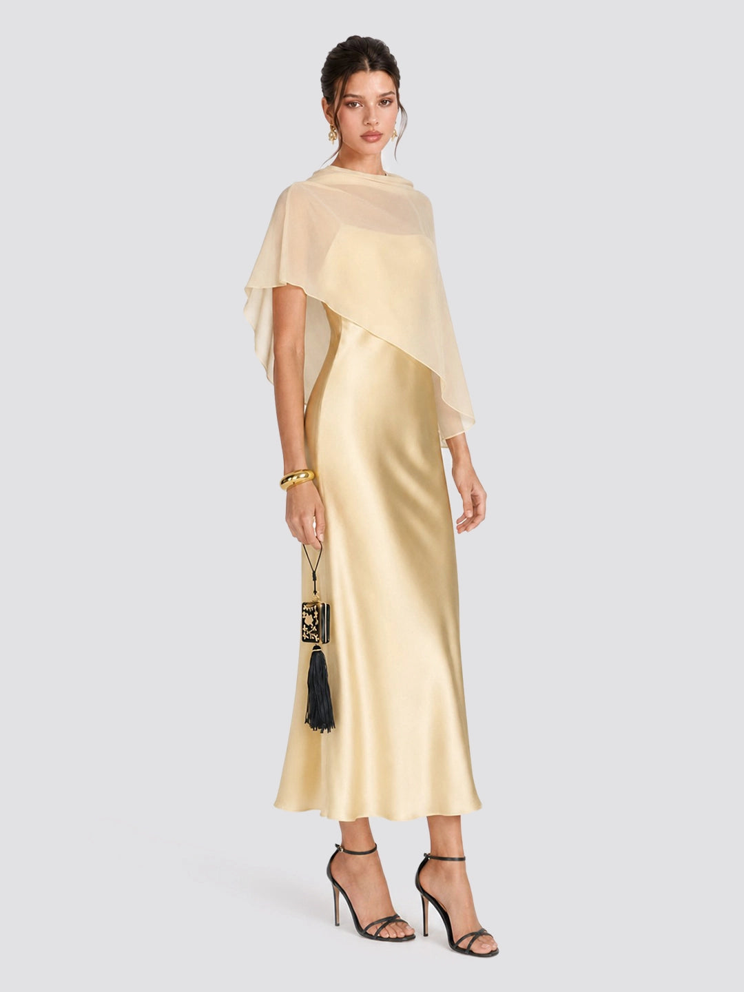 Romantic Drape Asymmetric Cape Satin Maxi Dress