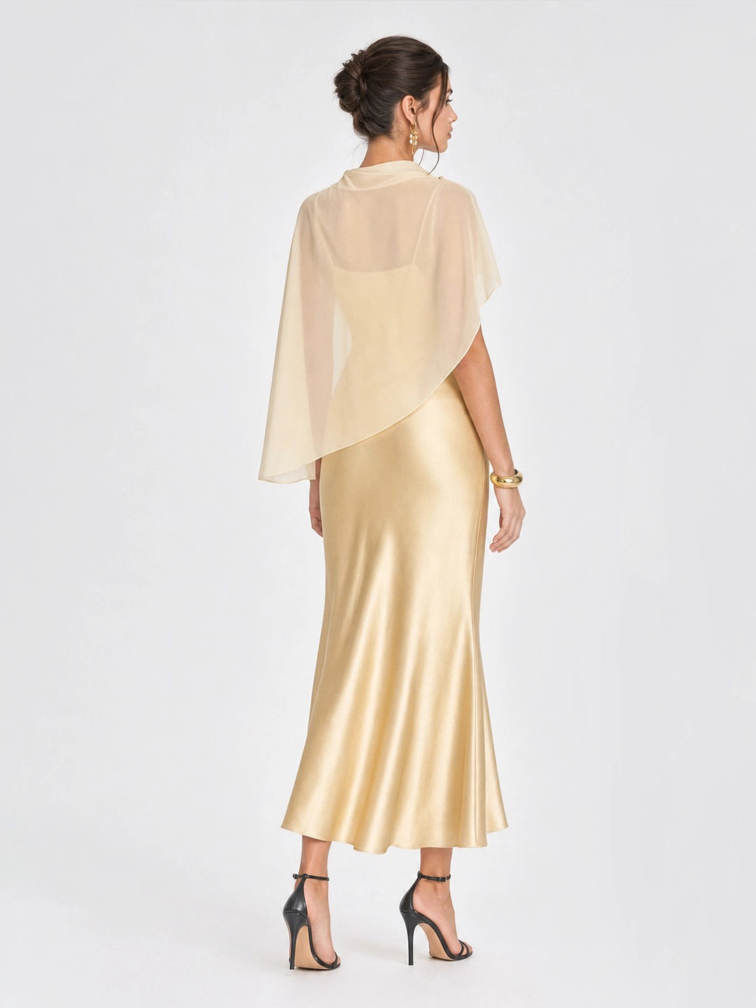 Romantic Drape Asymmetric Cape Satin Maxi Dress