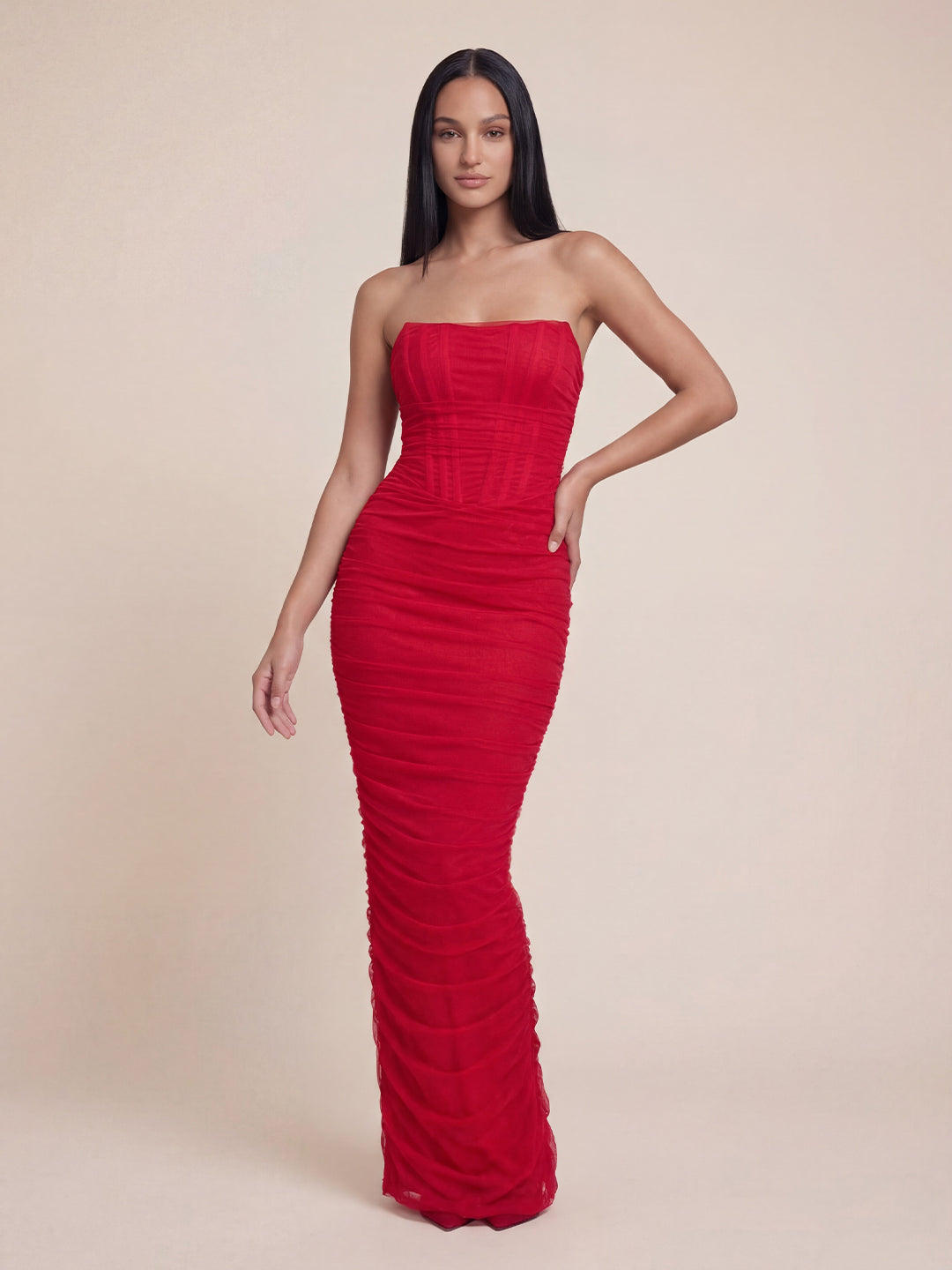 Valentine's Day Exclusive - Ruched Corset Bandeau Mesh Maxi Dress