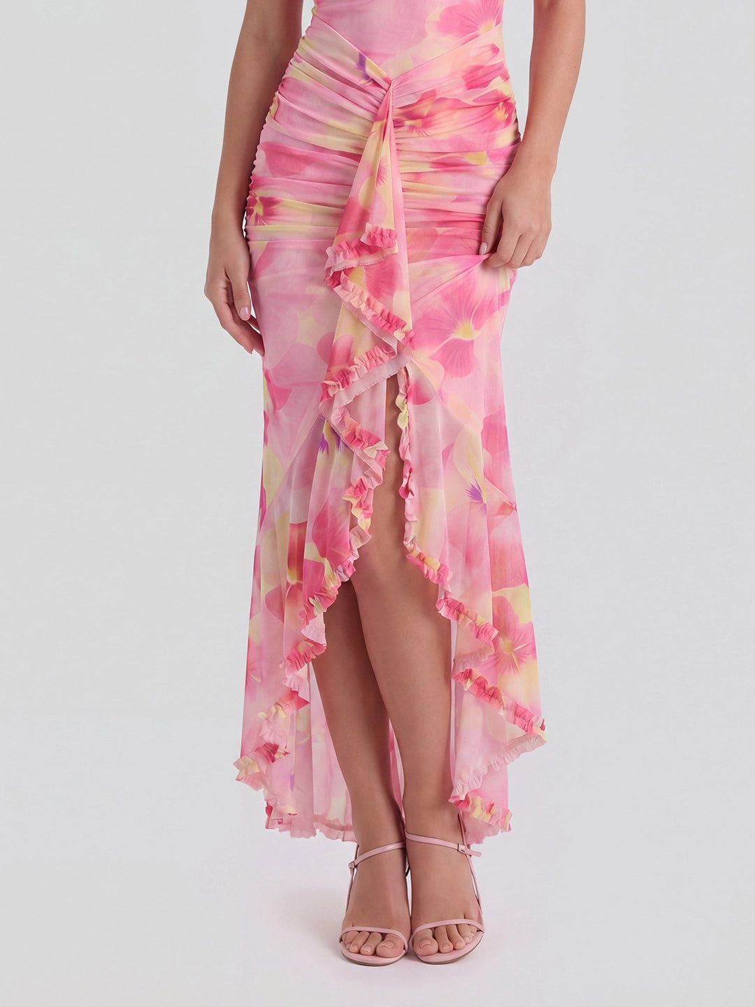 Ruched Waist Ruffle Maxi Dress