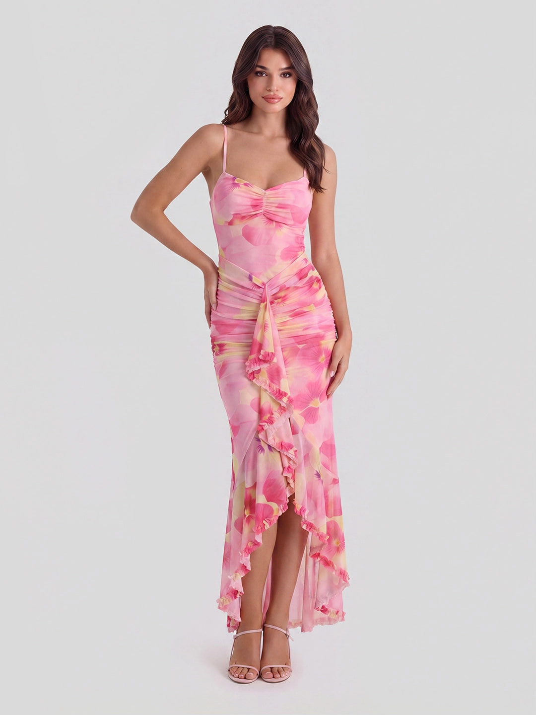 Ruched Waist Ruffle Maxi Dress