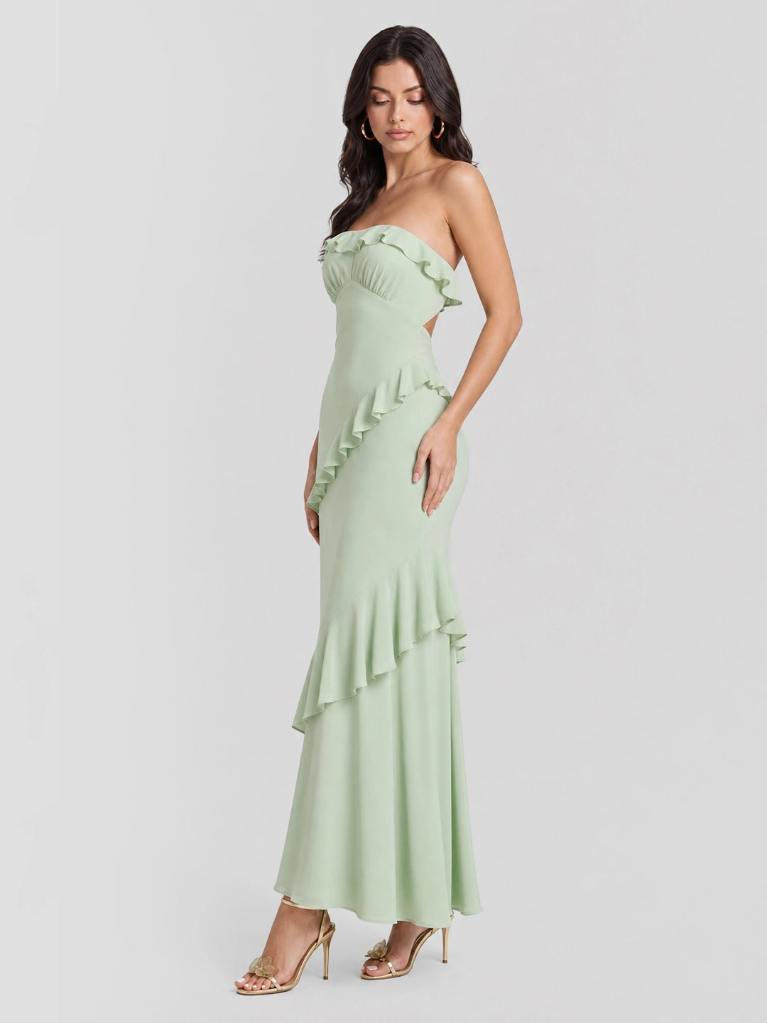 Ruffle Cutout Strapless Maxi Dress