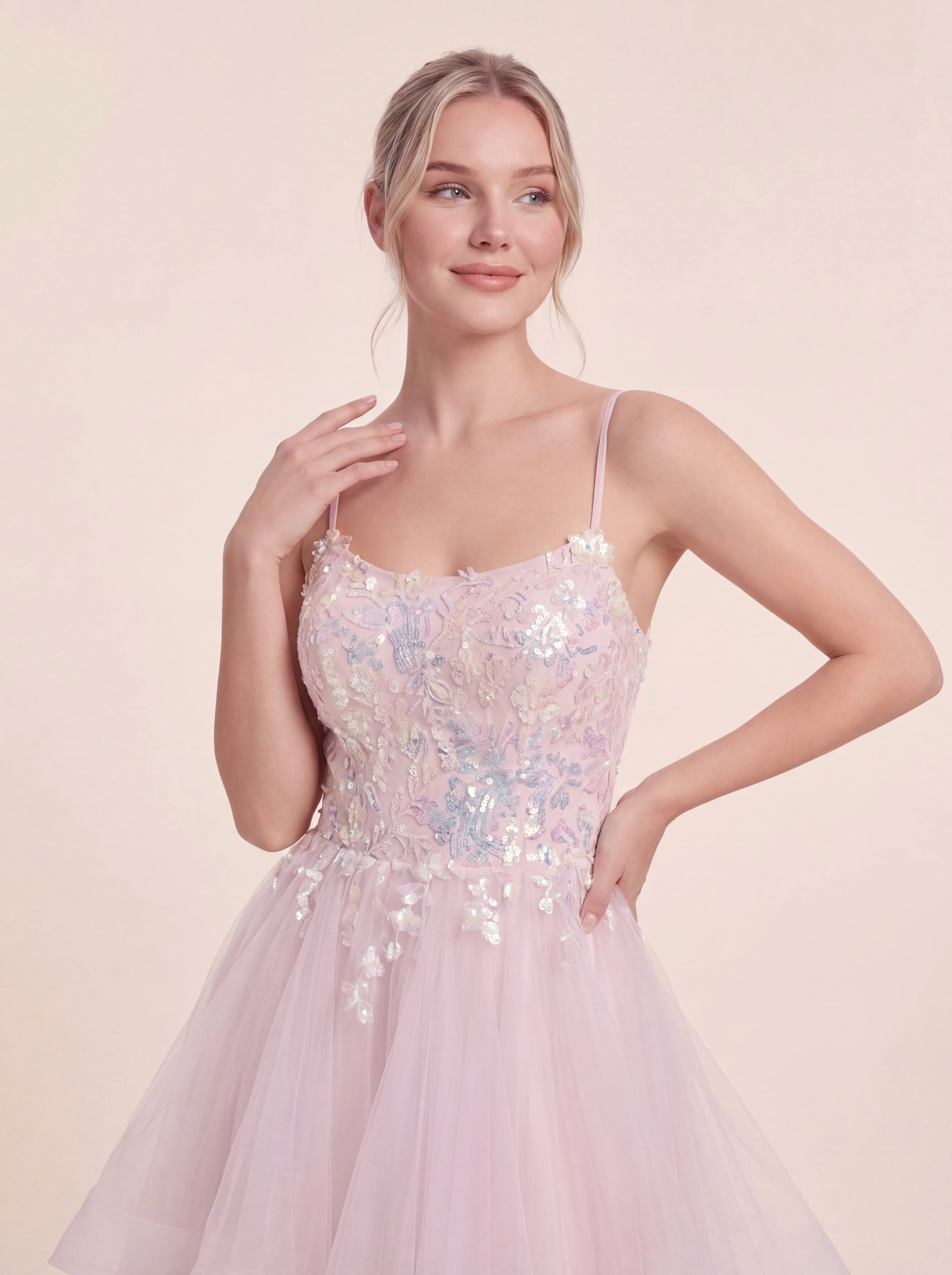 Enchanting Hand-Beaded Gown with Layered Tulle Skirt