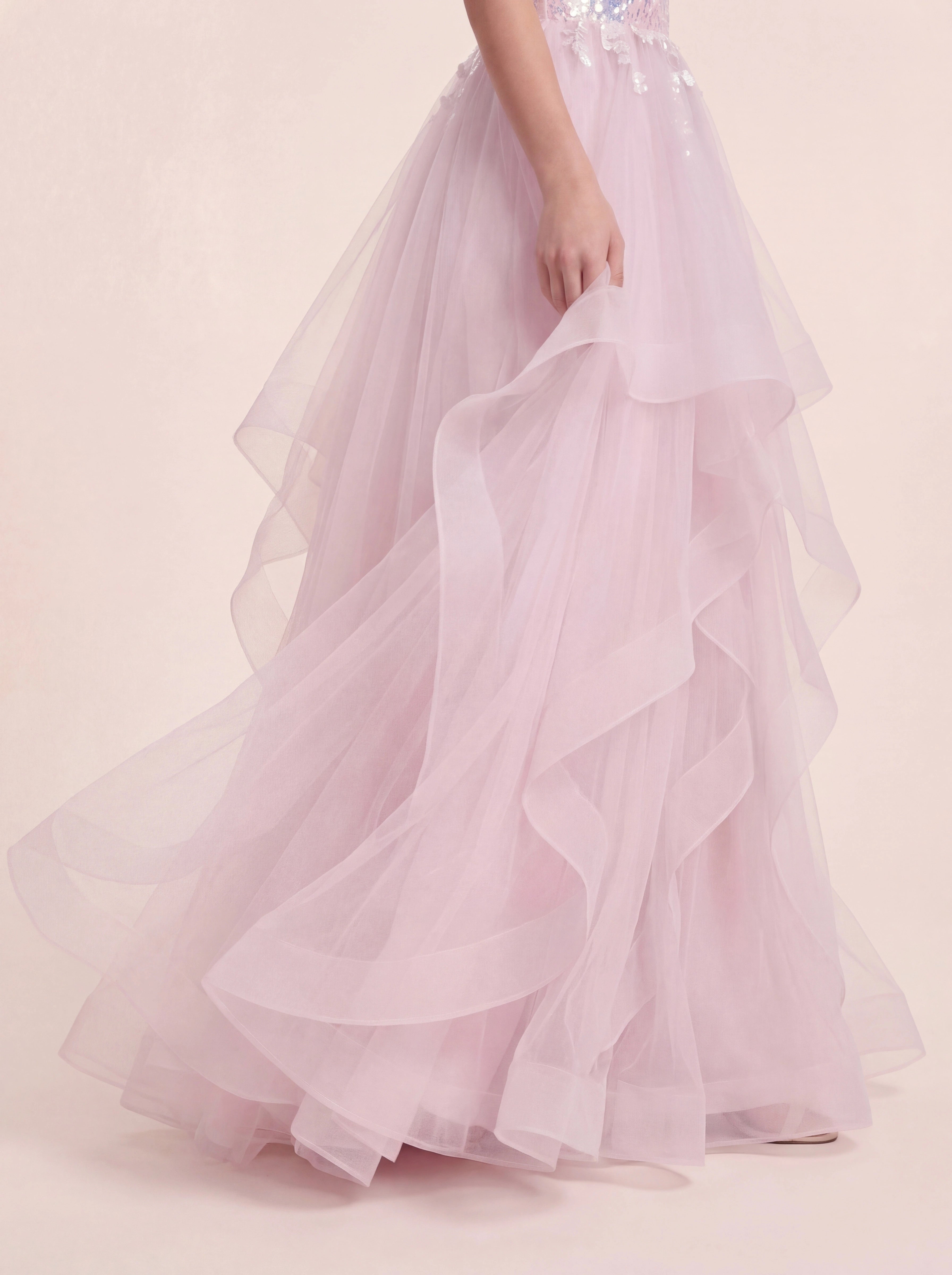 Enchanting Hand-Beaded Gown with Layered Tulle Skirt