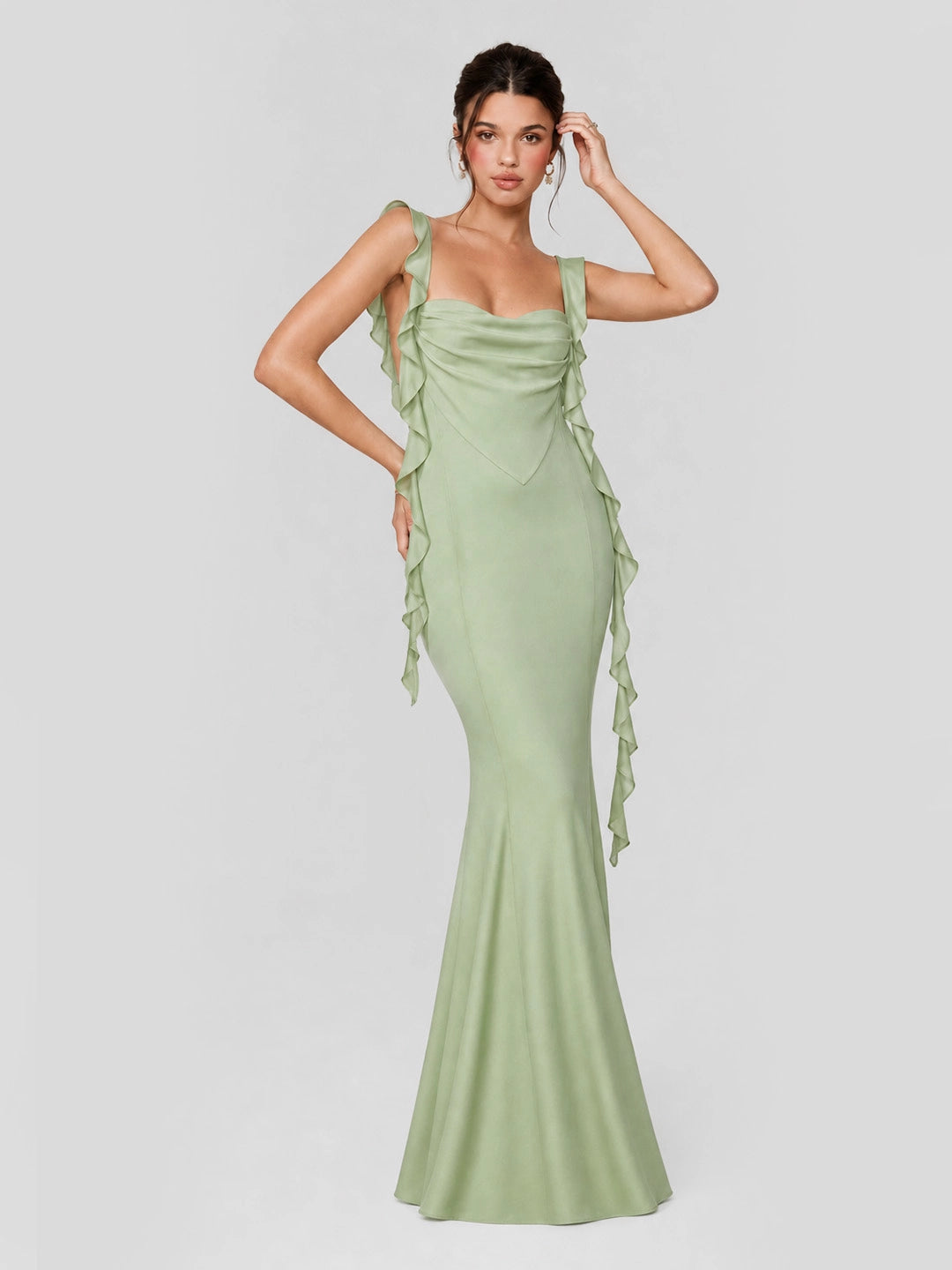 Ruffle Straps & Open Back Satin Maxi Dress