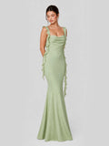 Ruffle Straps & Open Back Satin Maxi Dress