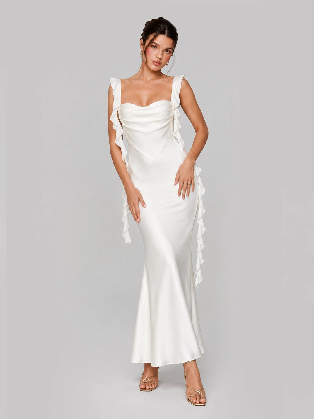 Ruffle Straps & Open Back Satin Maxi Dress