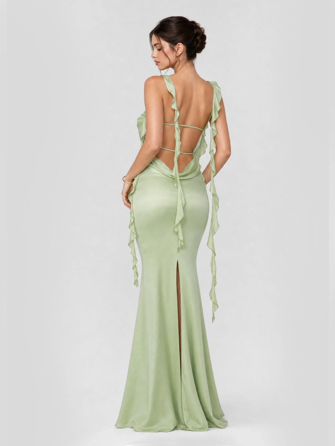 Ruffle Straps & Open Back Satin Maxi Dress