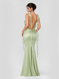 Ruffle Straps & Open Back Satin Maxi Dress